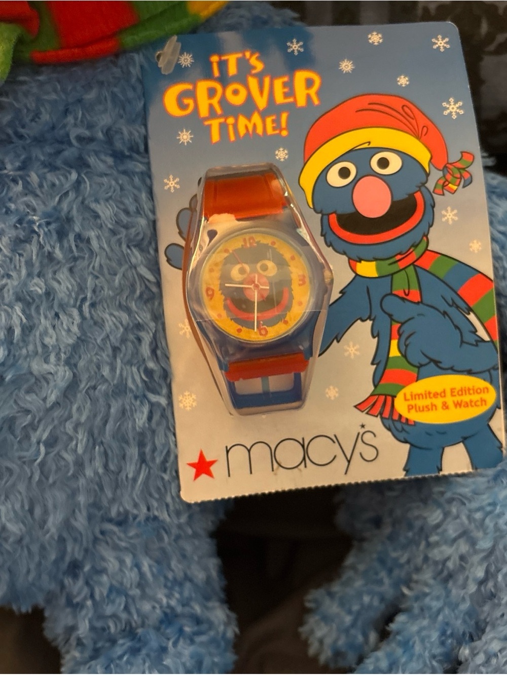 Macy's Blue Grover Plush with Red & Green Holiday Hat and Striped Scarf - Picture 4 of 10